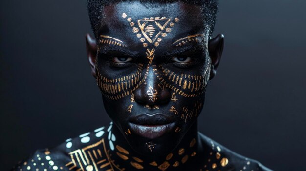 A striking black man with a commanding presence his face a canvas for intricate patterns and designs