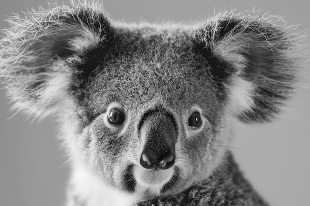 A striking black and white closeup of a plush koala