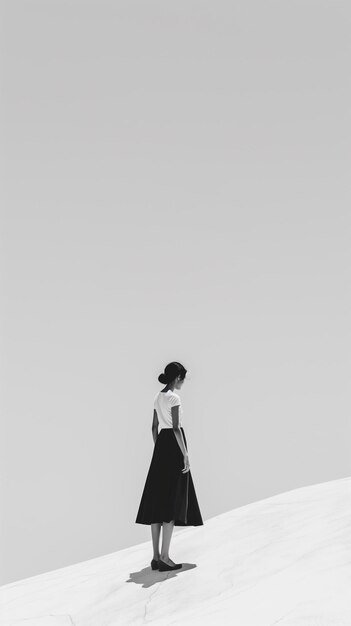 Photo a striking black and white photograph of a woman standing on a sand dune facing away with an expansive sky overhead