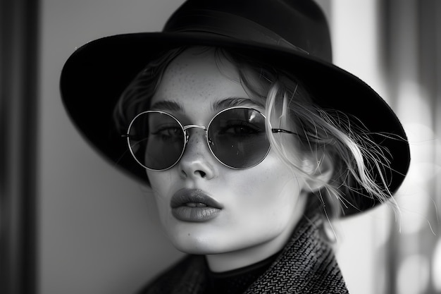 Photo striking black and white portrait of a fashionable woman in sunglasses and a widebrimmed hat