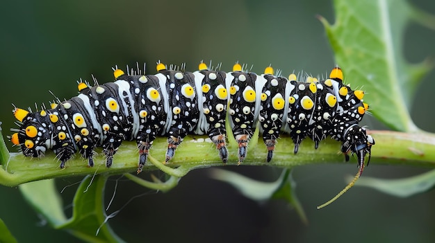 Photo a striking black white and yellow caterpillar