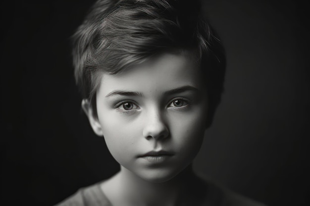 Striking blank and white portrait of a young girls with short hair