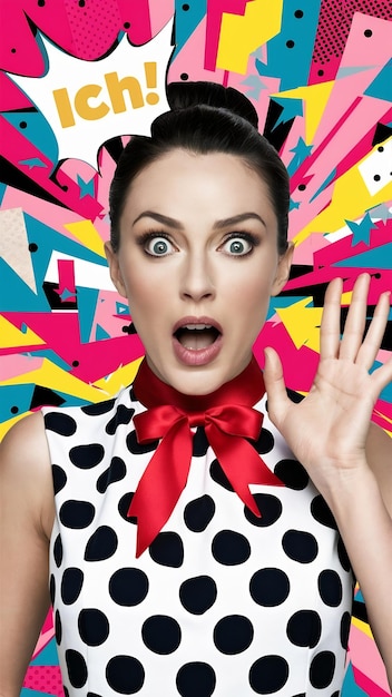 A striking close up portrait of a woman wearing a black and white polka dot dress with a red bow ar