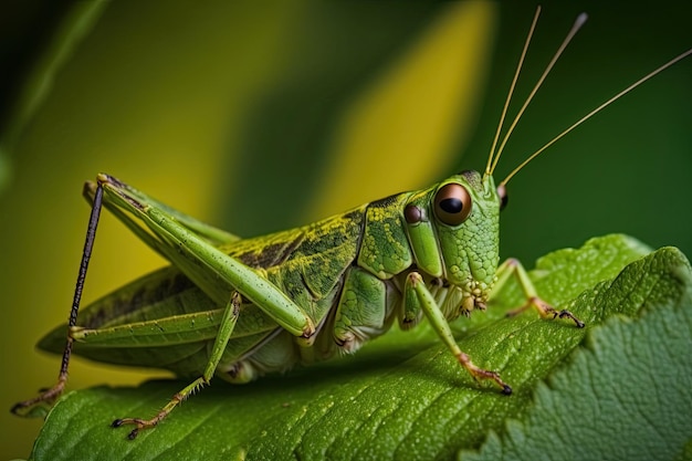 A striking closeup of a green grasshopper perched on a leaf capturing its intricate details and textures Generated by AI