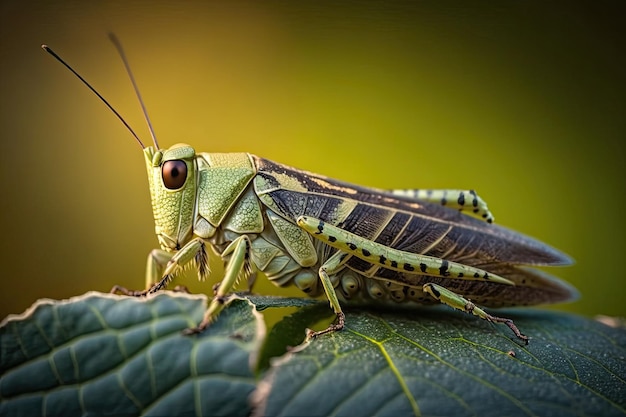 A striking closeup of a green grasshopper perched on a leaf capturing its intricate details and textures Generated by AI