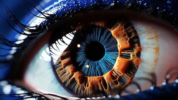 Photo a striking closeup of a human eye showcasing the intricate details of the iris in vibrant blue and orange hues with a surreal futuristic effect