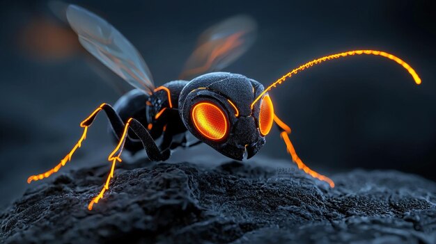 A striking closeup of a luminous ant showcasing vibrant features against a dark