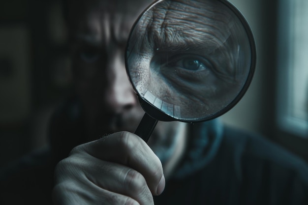 A striking closeup of a mans eye as seen through a magnifying glass intensifying his gaze