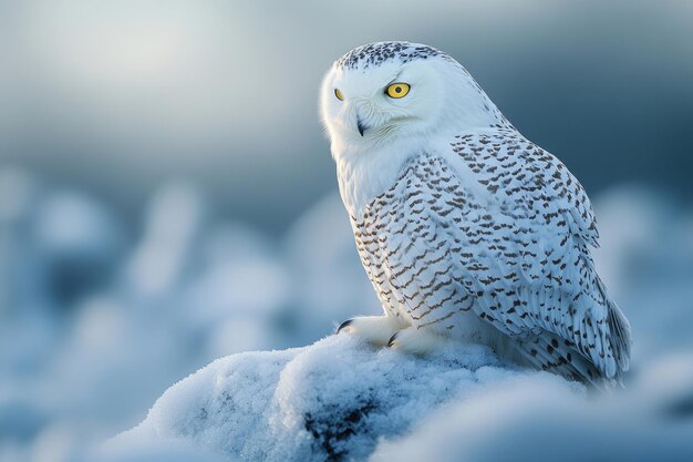 Photo a striking closeup of a snowy owl in a minimalist highcontrast setting with icy tones