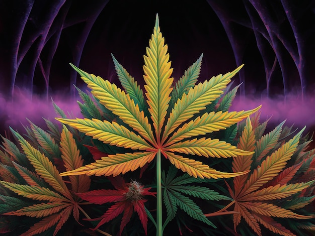 A striking colorful illustration of marijuana leaves in various shades of green yellow and red