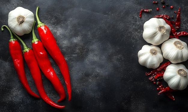 Photo a striking contrast between bright red chili peppers and white garlic cloves on a dark table