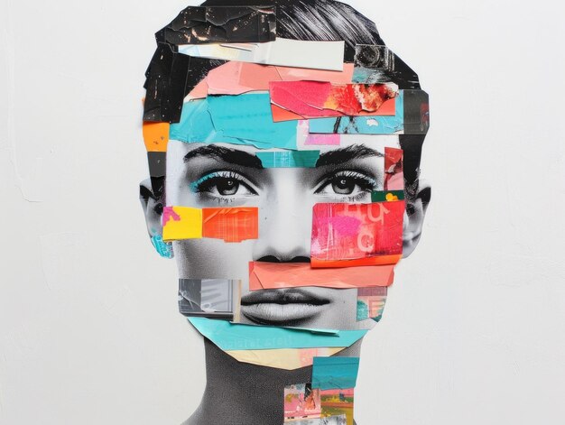 Striking cut out collage portrait featuring a composite of diverse facial features expressions and v