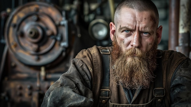 striking dieselpunk portrait of a gritty mechanic with oilstained clothes and a wrench in hand embodying the industrial and mechanical aesthetic of the genre