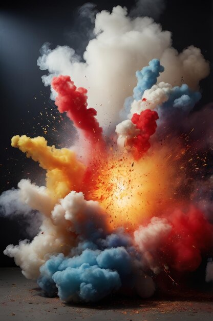 Photo a striking digital art piece featuring an explosion of vibrant red blue and yellow smoke