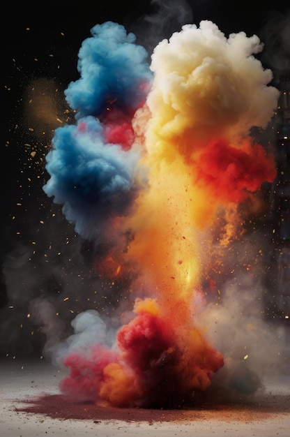 A striking digital art piece featuring an explosion of vibrant red blue and yellow smoke