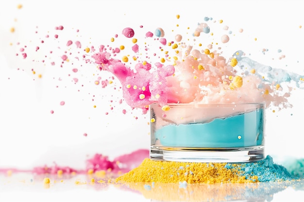 A striking display of colored powders explodes around a glass container filled with blue liquid The vibrant colors create a dynamic contrast against a clean background