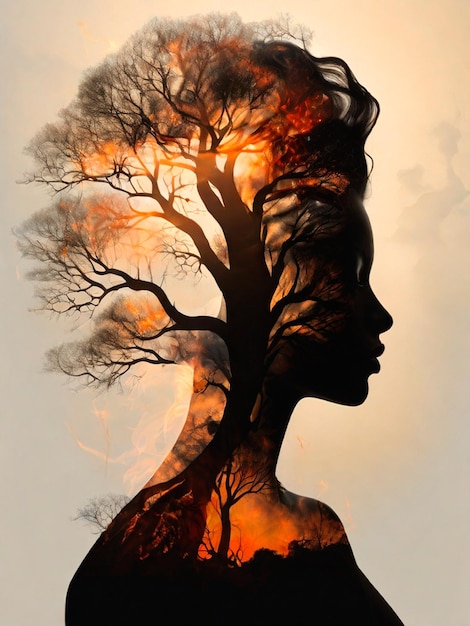 A striking double exposure silhouette image combining the silhouette of a womans profile