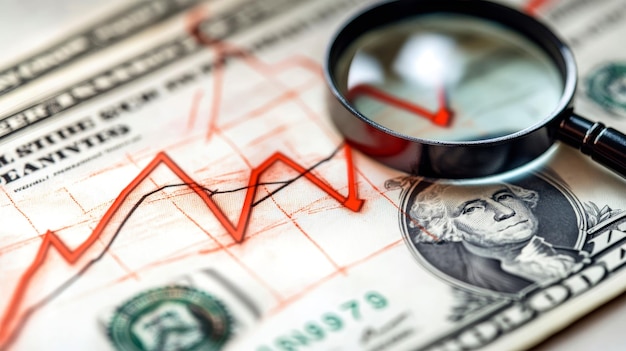 A striking downward red arrow overlays a dollar bill and magnifying glass symbolizing an impending stock market crash against a clean white background