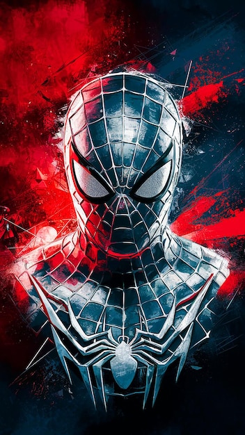 A striking and dynamic poster featuring SpiderMans face and upper body