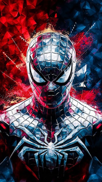 A striking and dynamic poster featuring SpiderMans face and upper body