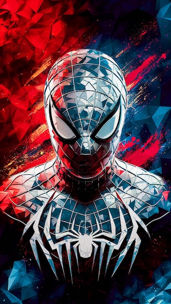 A striking and dynamic poster featuring SpiderMans face and upper body