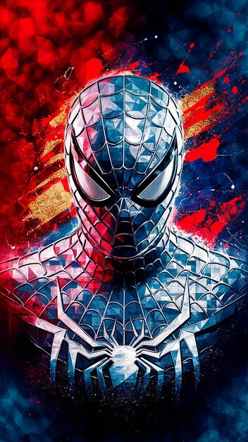 A striking and dynamic poster featuring SpiderMans face and upper body