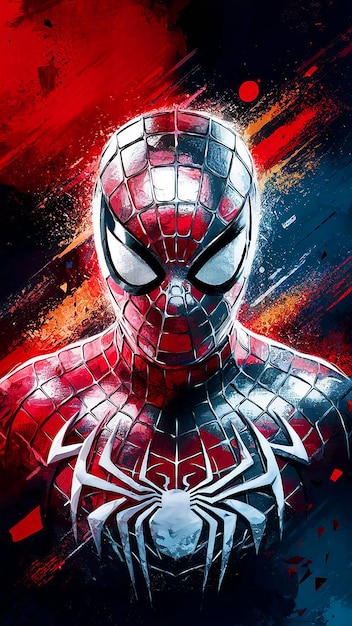 A striking and dynamic poster featuring SpiderMans face and upper body