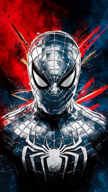 A striking and dynamic poster featuring SpiderMans face and upper body