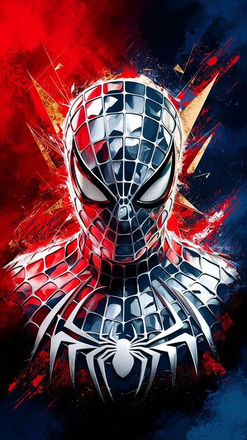 A striking and dynamic poster featuring SpiderMans face and upper body