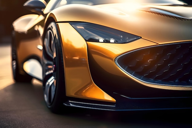 Striking futuristic gold yellow color sport automobile front view detail generative ai