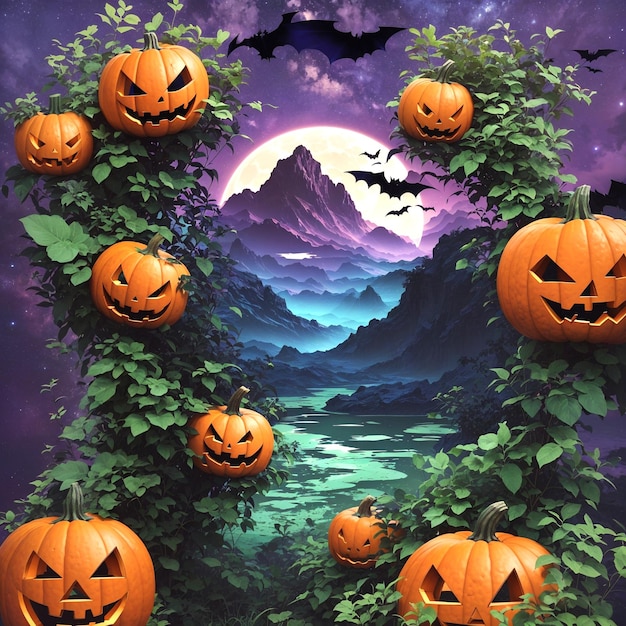 Striking Halloween Tshirt Design Vibrant Pumpkin Horror Adventure and Dreamlike Colors for Explorers