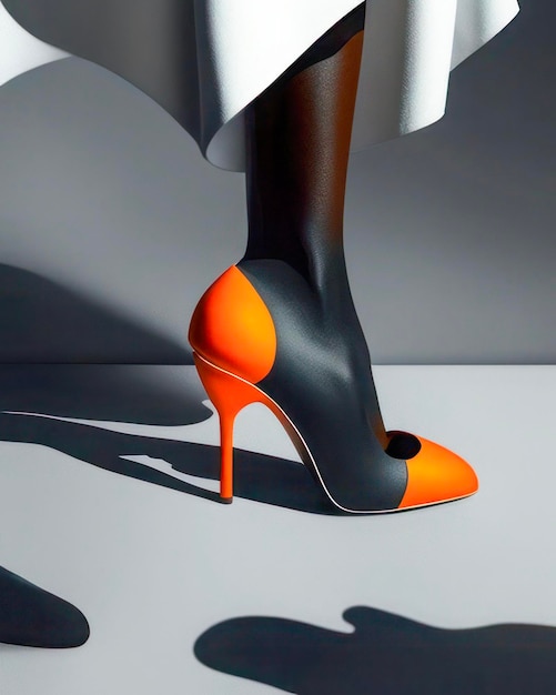 Photo striking high heel in bold orange and black with abstract shadows