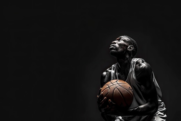 Photo striking image of an african american basketball player with a ball on a bold black background