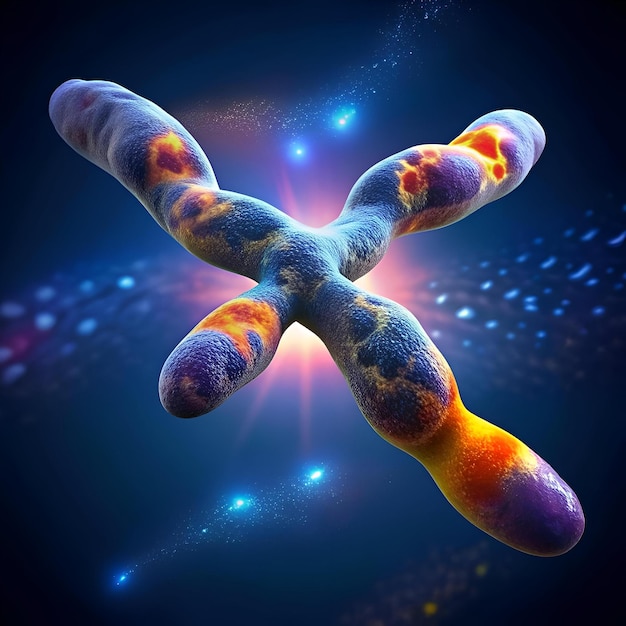 Photo a striking image of a chromosome rendered in vibrant detail with a blue and orange color palette and a glowing background