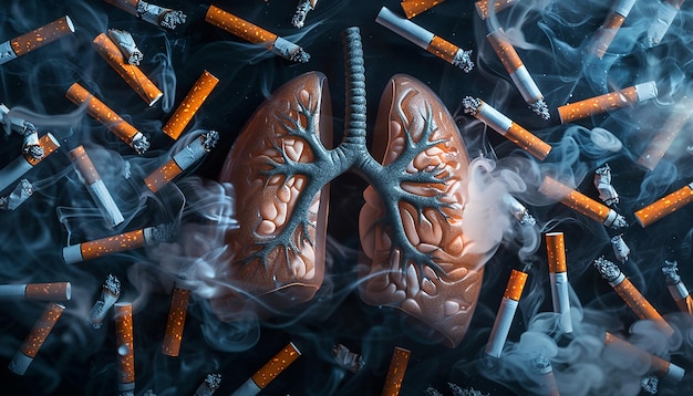 Photo striking image of cigarettes and smoke encircling human lungs representing the dangers of smoking