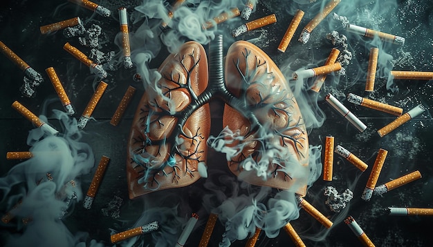 Photo striking image of cigarettes and smoke encircling human lungs representing the dangers of smoking