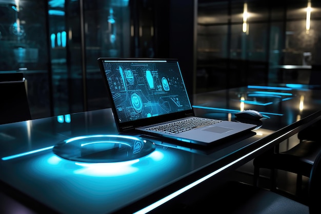 A striking image of cutting edge technology in a business setting such as a close up of a sleek laptop a smartphone with a futuristic display or a high tech conference room setup Generative AI