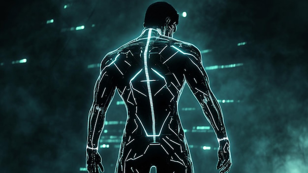 A striking image of cyborg human where digital circuitry is intricately woven into the skin glowing