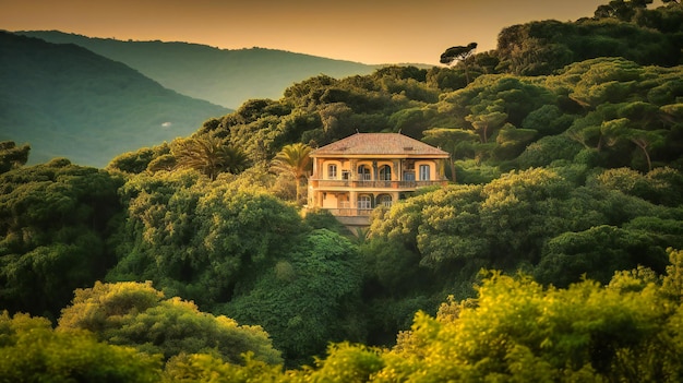 A striking image of an exclusive summer villa tucked away in a lush landscape with spectacular ocean views