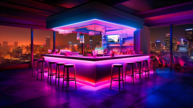 A striking image of a hightech rooftop cocktail bar boasting a futuristic design and a neonlit skyline