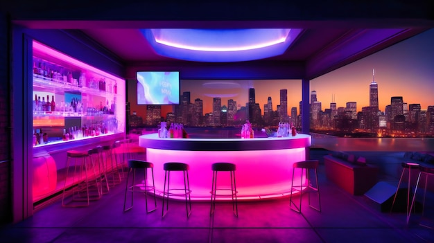 A striking image of a hightech rooftop cocktail bar boasting a futuristic design and a neonlit skyline