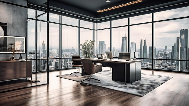 A striking image of a luxurious contemporary office space boasting impressive city views and modern design elements