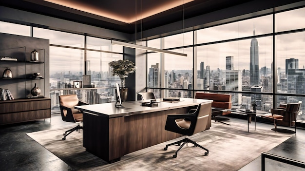 A striking image of a luxurious contemporary office space boasting impressive city views and modern design elements