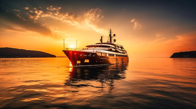 A striking image of an opulent yacht sailing during a goldenhour sunset encapsulating elegance and adventure