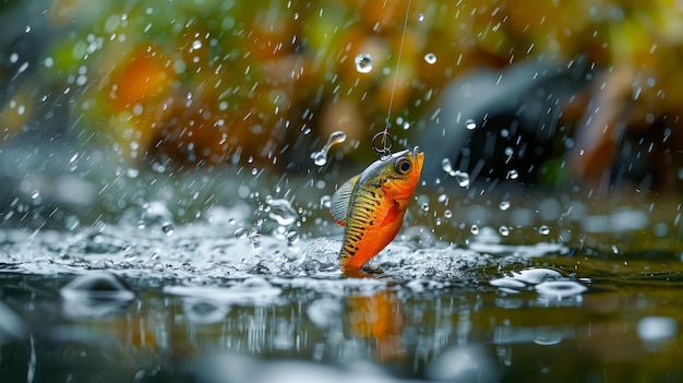 Photo striking image of a single autumn leaf falling into a puddle with splashing water droplets