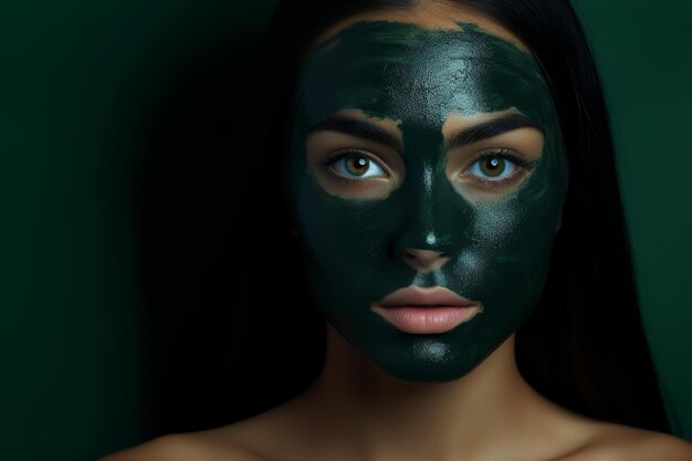 Striking image of woman with green makeup and black mask showcasing beauty and mystery