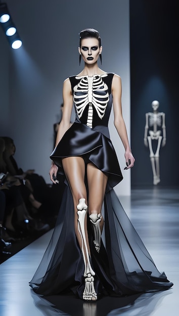 Striking model in a black satin dress with bone like structures highlighted by cool toned spotlights