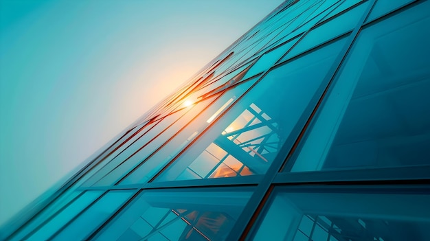 Striking Modern Geometric Glass Building with Reflecting Sky and Cityscape