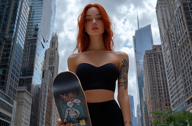 a striking and modern portrayal of a young woman holding a skateboard against the backdrop of tall sleek skyscrapers