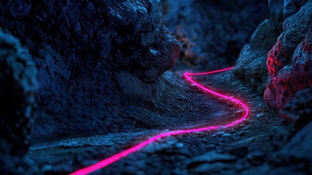 A striking mountain bike illuminated by a neon path set against a dramatic rocky landscape during twilight